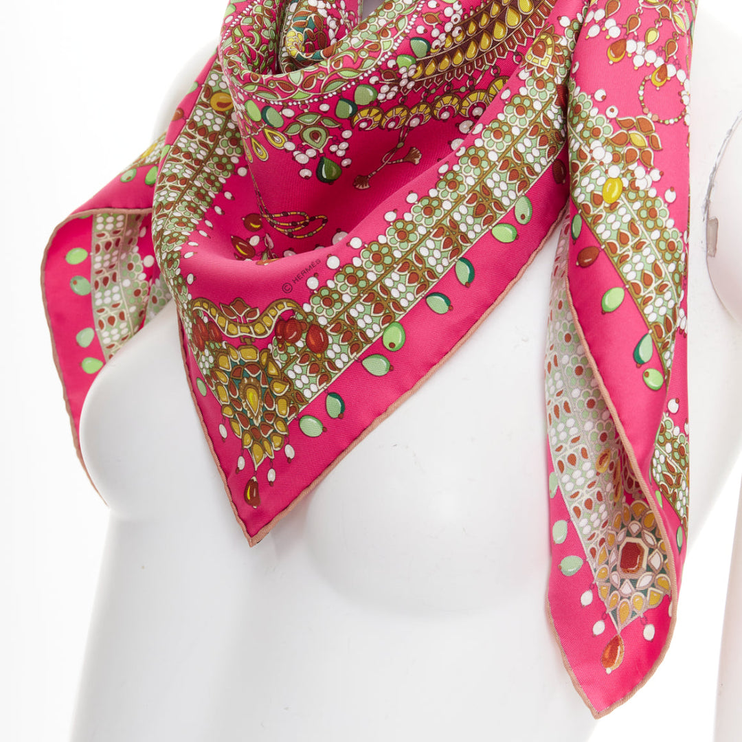 HERMES Parures des Maharajas pink green 100% silk jewel print scarf 90cm