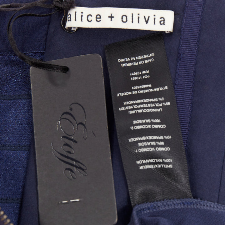 ALICE OLIVIA Landi Gathered navy tulle sheer overlay silk trimmed babydoll dress