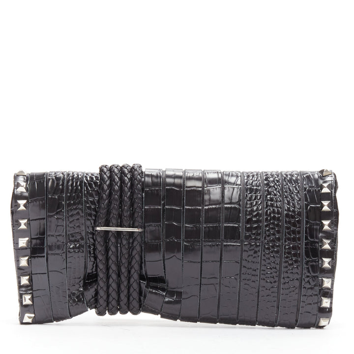 JIMMY CHOO Chandra black croc embossed studs woven magnet clasp clutch bag