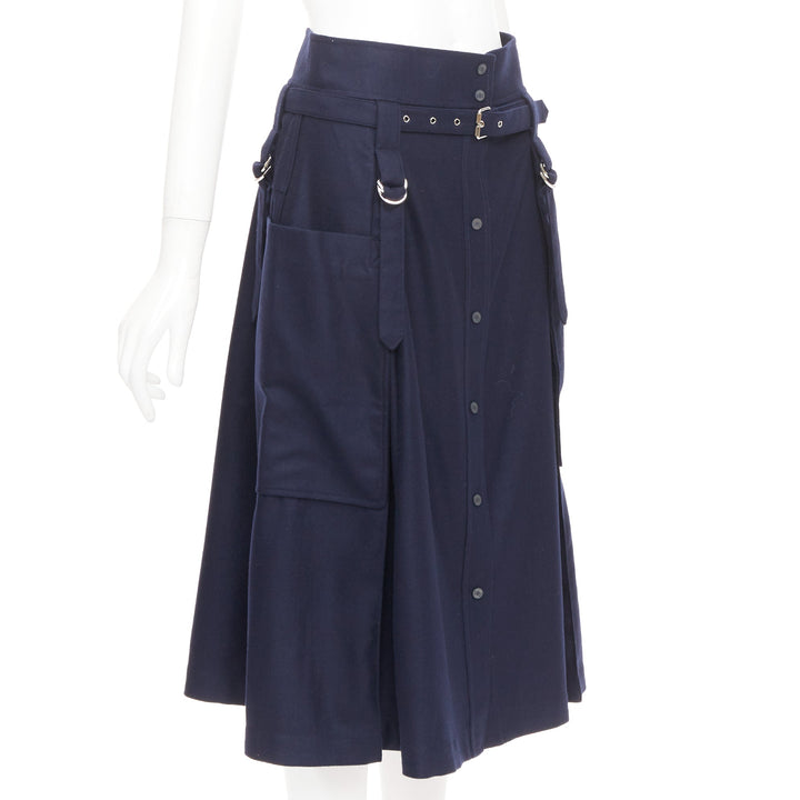 HERMES navy flanelle de laine legere buckle belt button front midi skirt FR36 S
