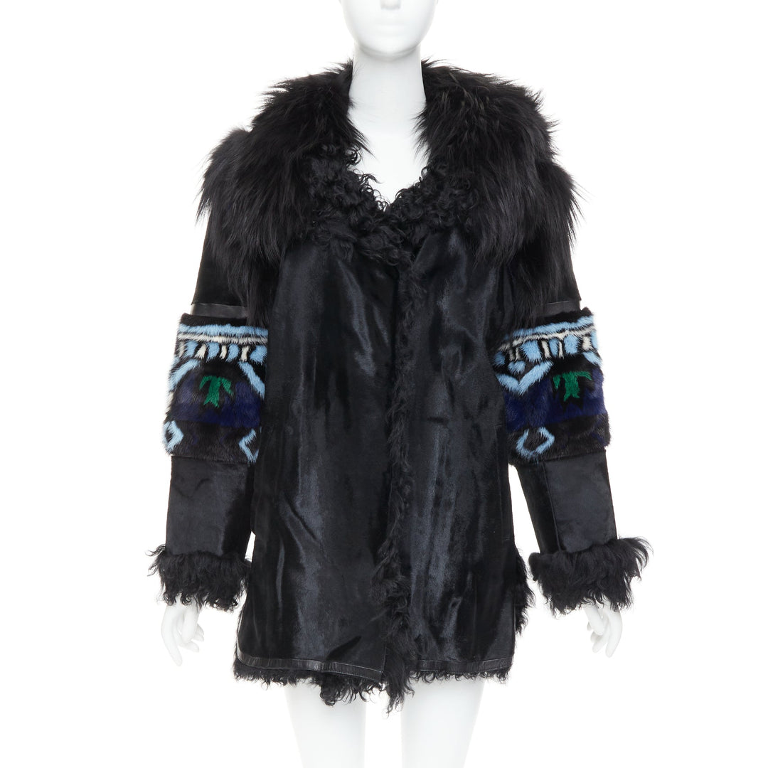 EMILIO PUCCI Vintage ethnic black calf mixed shearling raccoon fur coat IT40 S