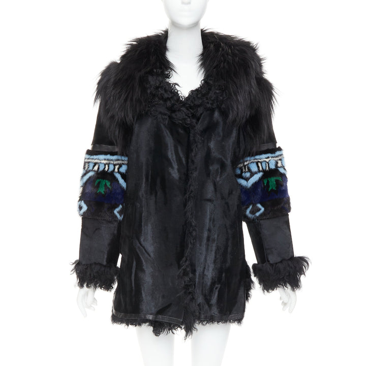 EMILIO PUCCI Vintage ethnic black calf mixed shearling raccoon fur coat IT40 S