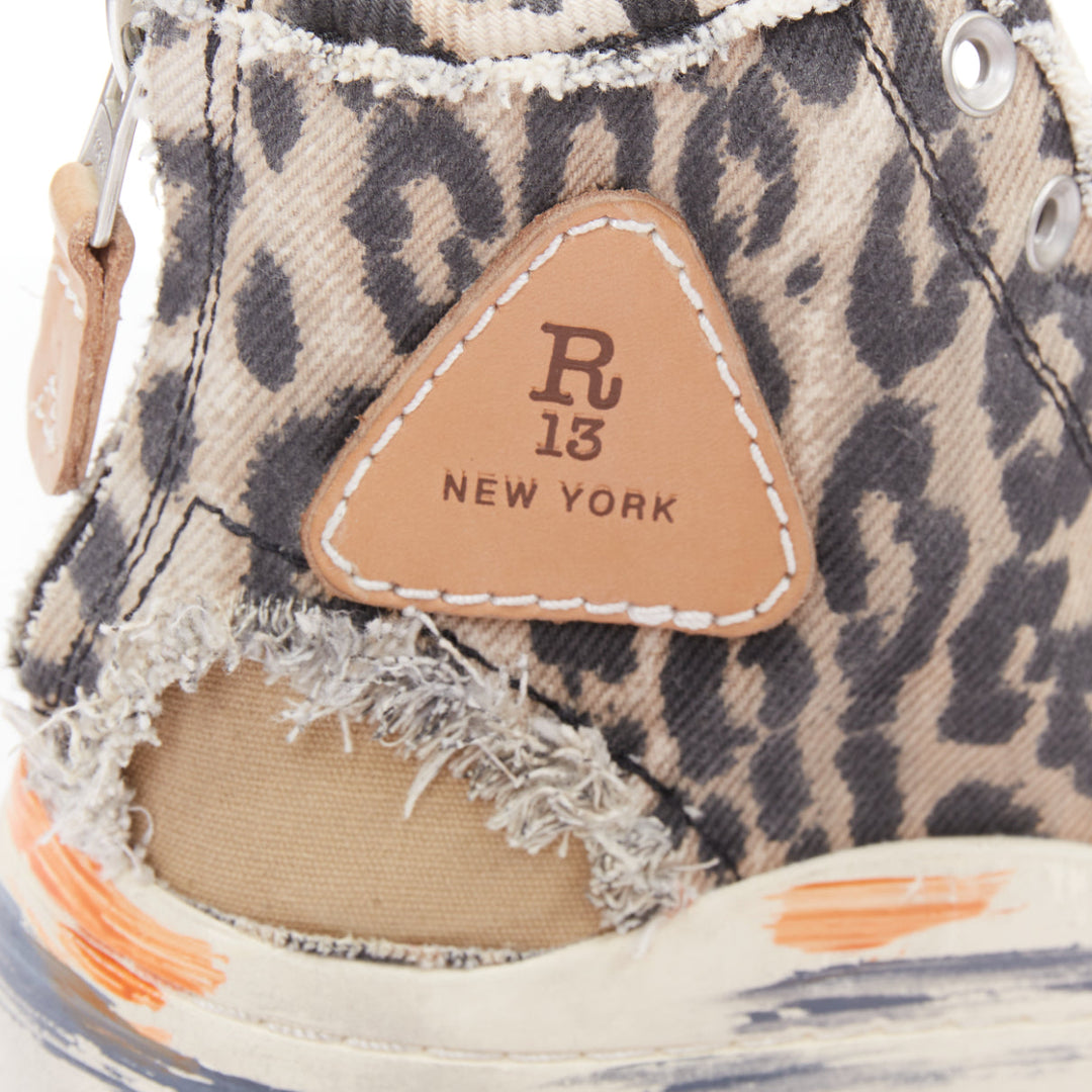 R13 Kurt beige grey leopard print orange paint effect platform high sneaker EU38