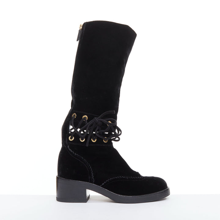CHANEL 2016 Runway black velvet CC cap toe First Corset laced riding boots EU37