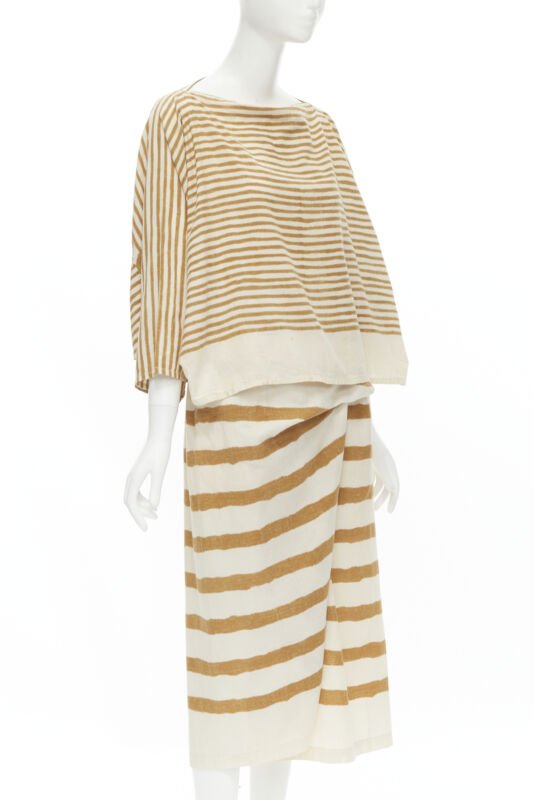 ISSEY MIYAKE 1980's Vintage beige yellow tribal stripe boxy top skirt set