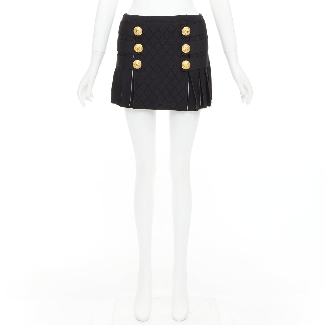 BALMAIN black gold lion buttons diamond grid knit pleated mini skirt FR34 XS