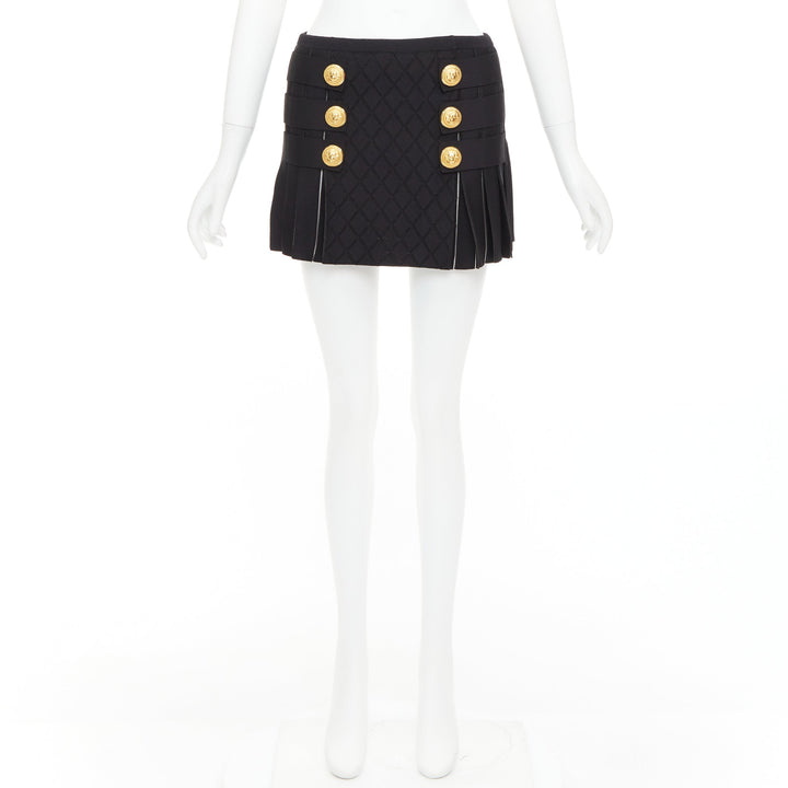 BALMAIN black gold lion buttons diamond grid knit pleated mini skirt FR34 XS