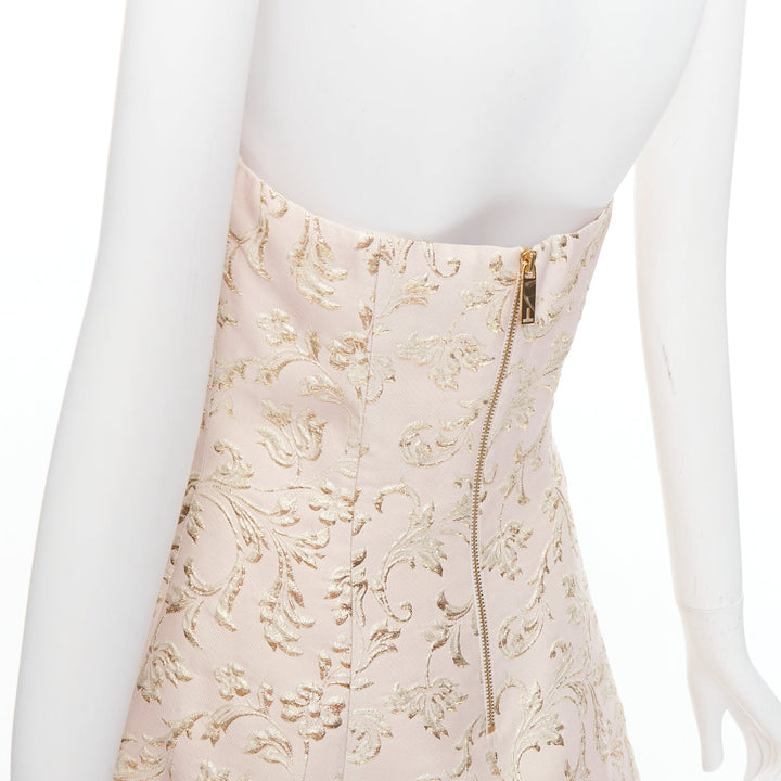 TED BAKER TUX Langley pink acetate blend gold jacquard strapless dress US2 S