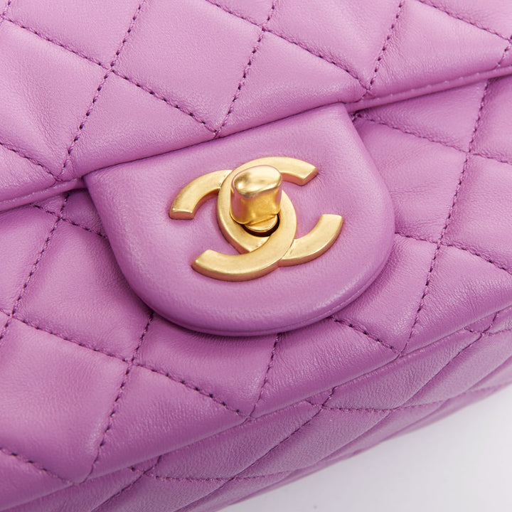 CHANEL Pearl Crush Mini Square Flap purple lambskin age gold globe crossbody bag