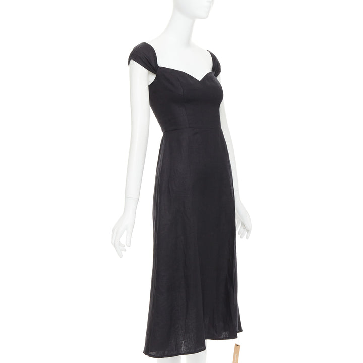 REFORMATION Bridgton black 100% linen cap sleeves sweetheart midi dress US2 S