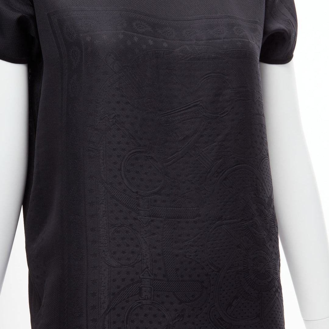 HERMES 100% silk black scarf print cap sleeve bateau neck tshirt top FR36 S