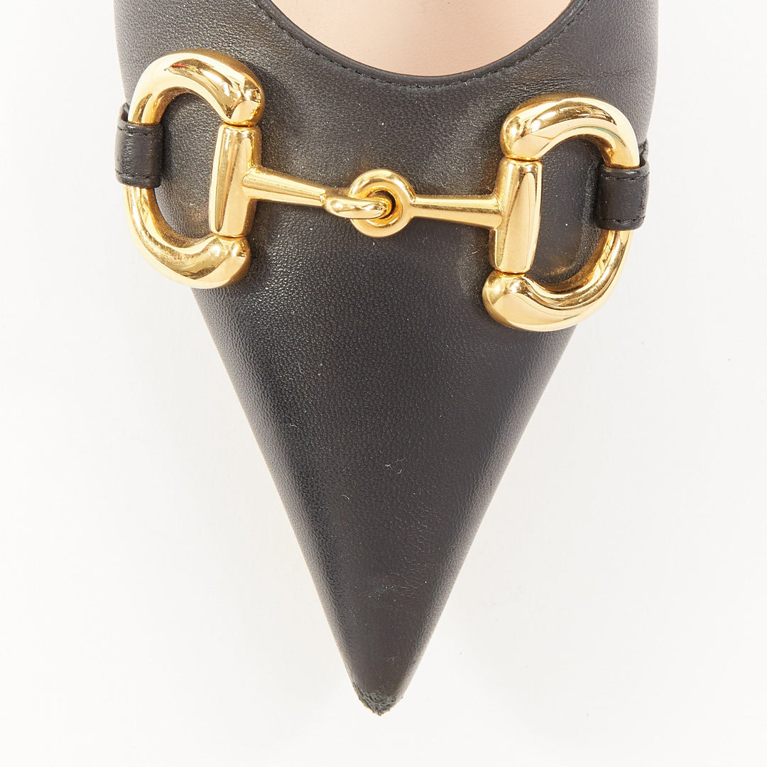 GUCCI 2020 Deva black leather horsebit chain strap pointed ballet flats EU38