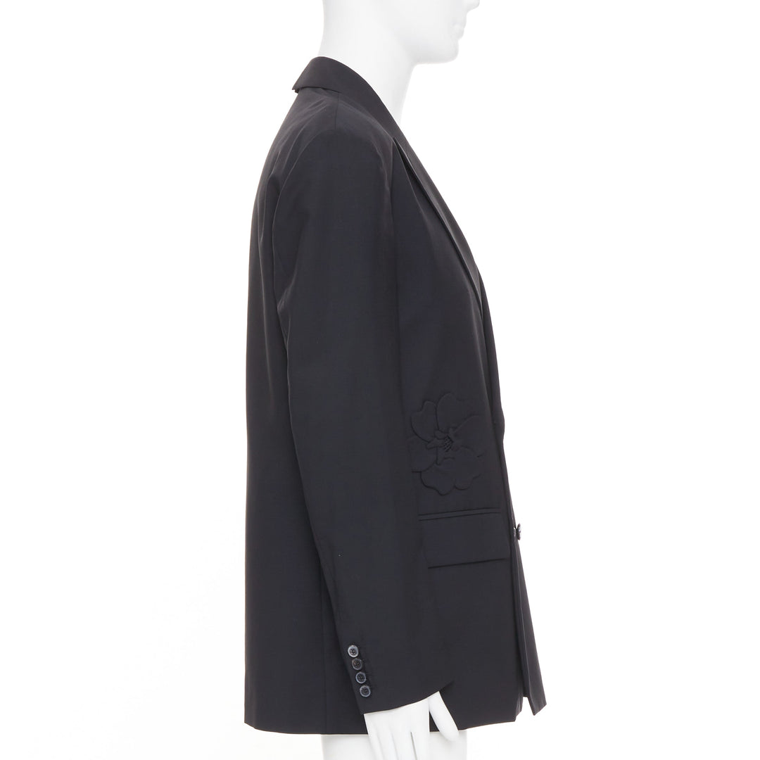 VALENTINO black floral applique double breasted virgin wool blazer jacket IT46 S