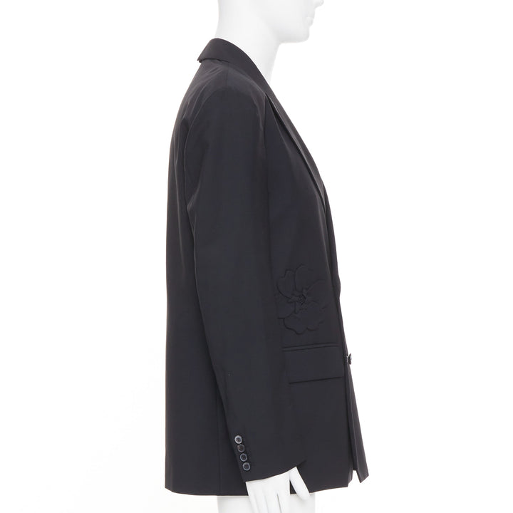 VALENTINO black floral applique double breasted virgin wool blazer jacket IT46 S