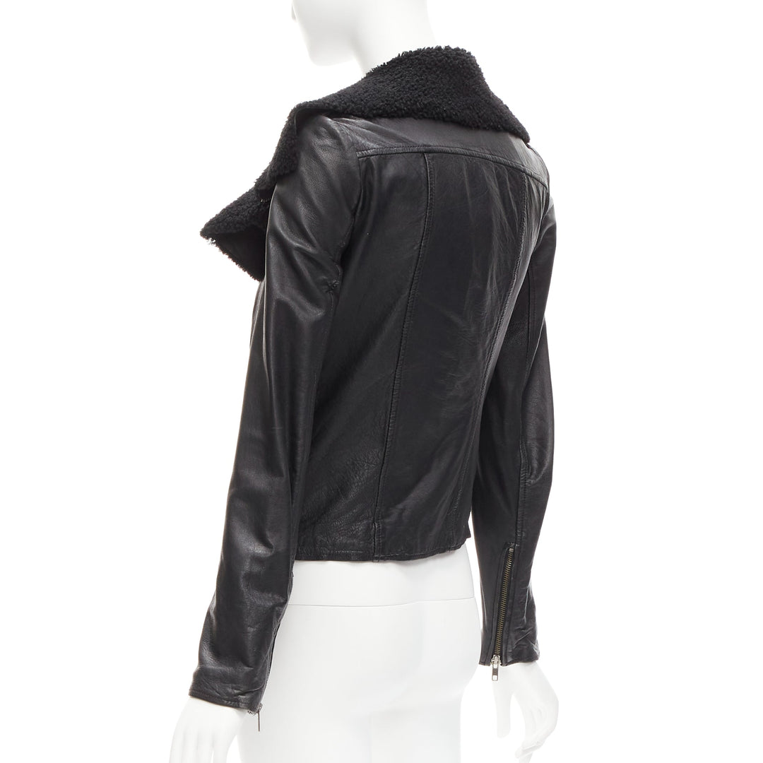 ALL SAINTS Nene black sheepskin leather shearling lined biker jacket UK8 S