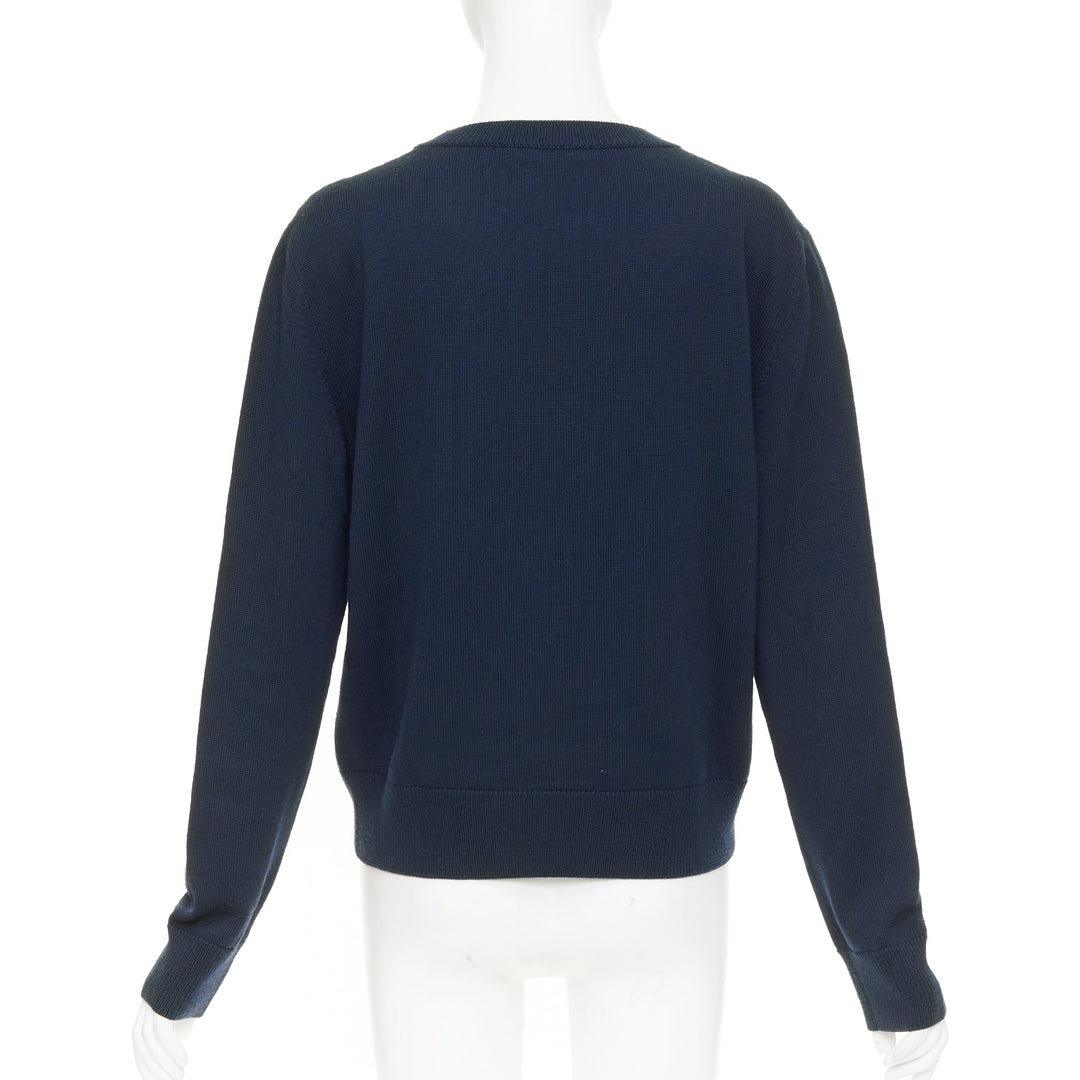 SAINT LAURENT 2017 LouLou Script navy wool cream embroidered crew neck sweater M