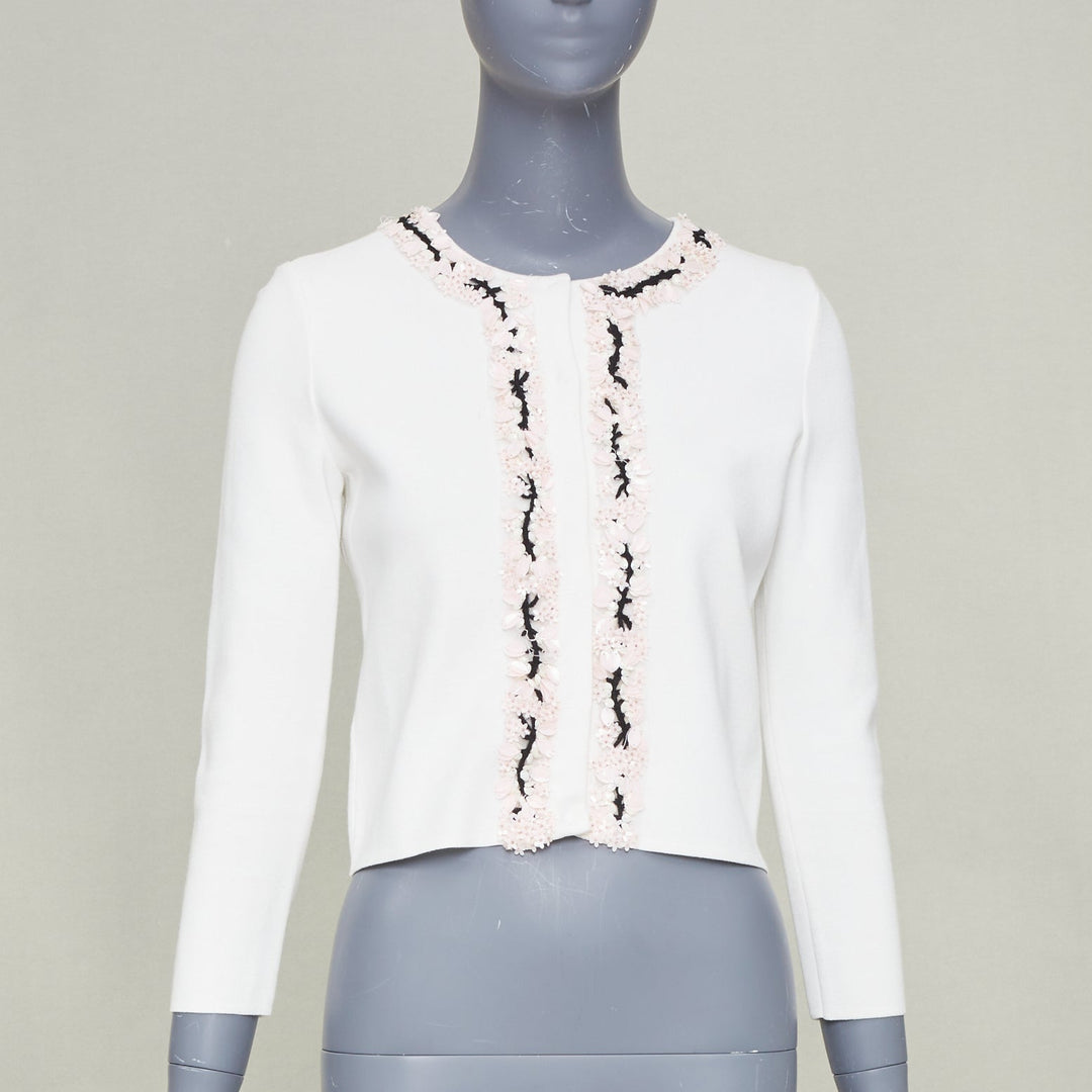 GIAMBATTISTA VALLI petal bead trim white viscose blend cardigan IT38 XXS