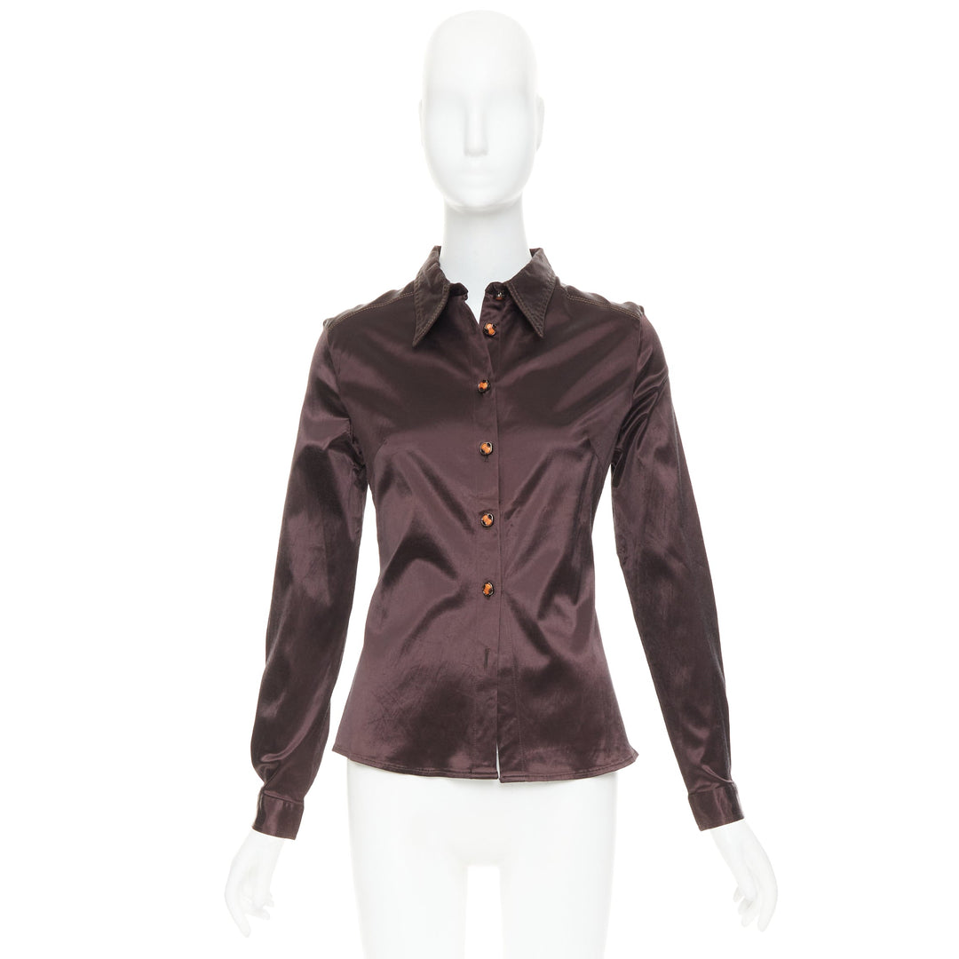 FENDI JEANS Vintage chocolate brown satin FF logo buttons fitted dress shirt