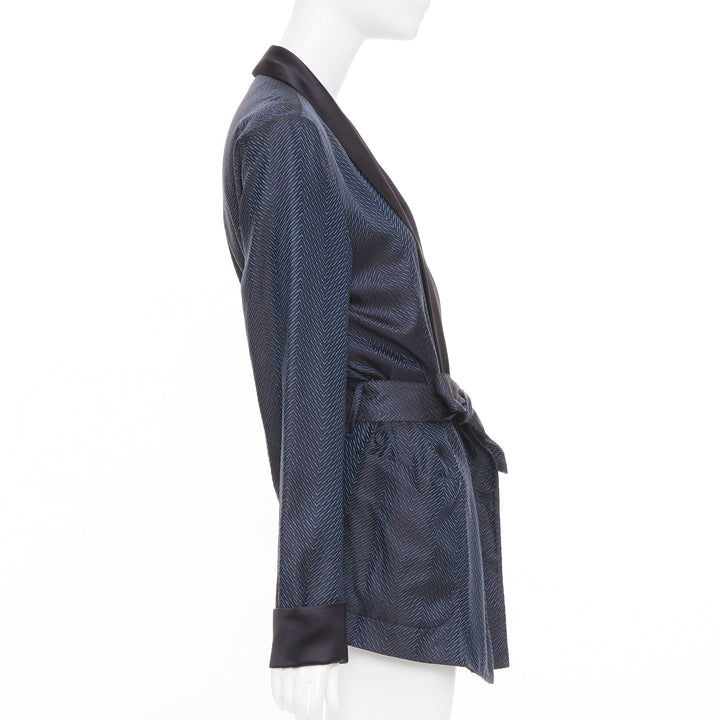 LA PERLA navy blue textured chevron jacquard silk shawl lapel smoking jacket