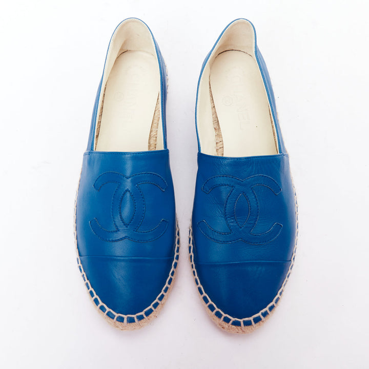 CHANEL blue leather CC logo jute espadrille shoes EU38