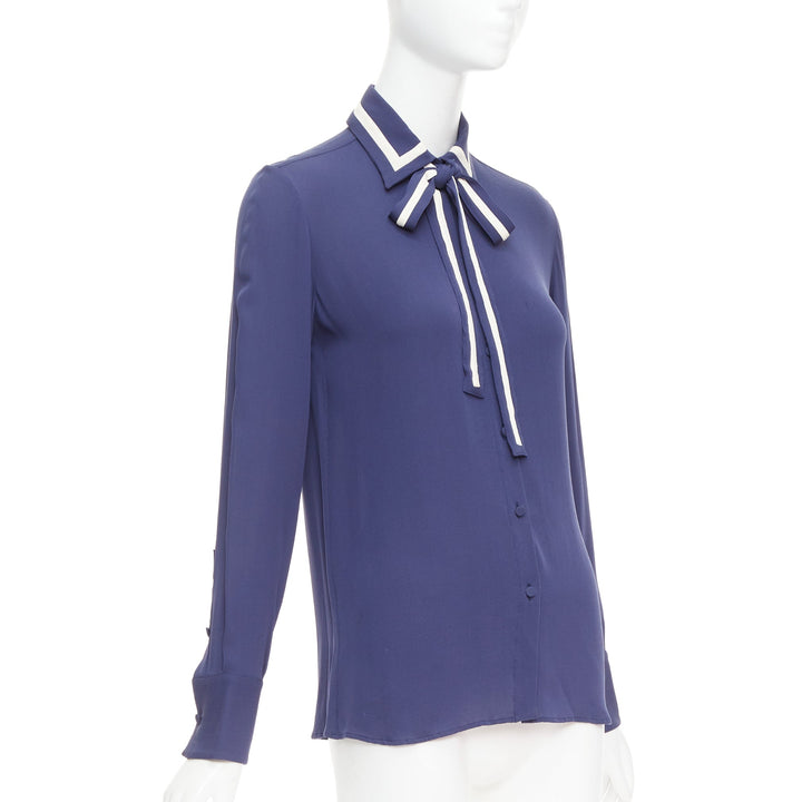 VALENTINO 100% silk navy cream trim tie neck blouse shirt US4 S