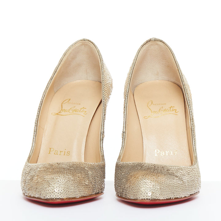 CHRISTIAN LOUBOUTIN Fifi 100 gold sequinned almond toe pumps EU37.5