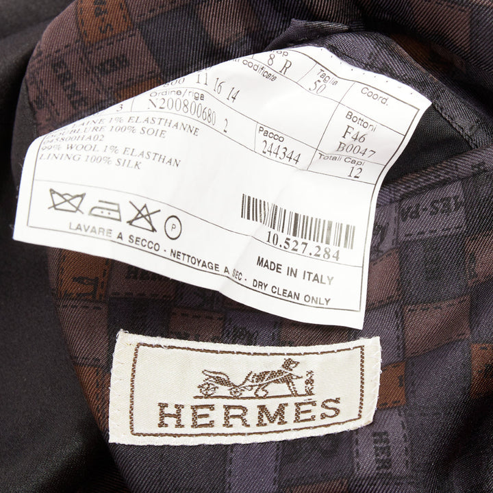 HERMES black wool blend satin peak lapel logo silk lined tuxedo blazer EU50 L