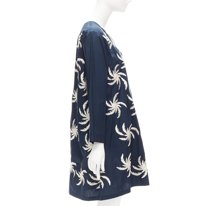 DRIES VAN NOTEN navy white 100% cotton floral embroidery boxy dress XS