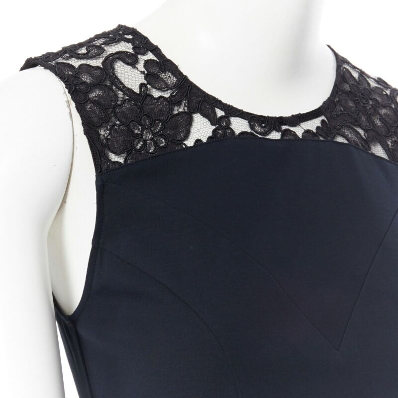 CHANEL navy blue 100% cotton illusion neckline black lace sleeveless top FR36