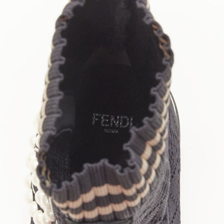 FENDI Rockoko black pearl embellished black sock knit high top sneaker EU36