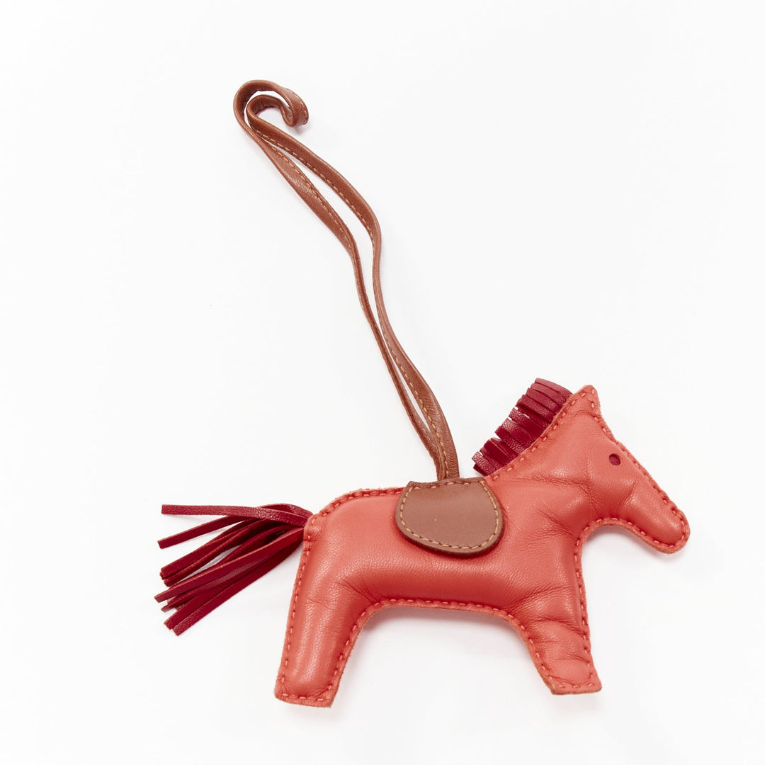 HERMES Milo Rodeo MM red leather brown trim fringed tail horse charm