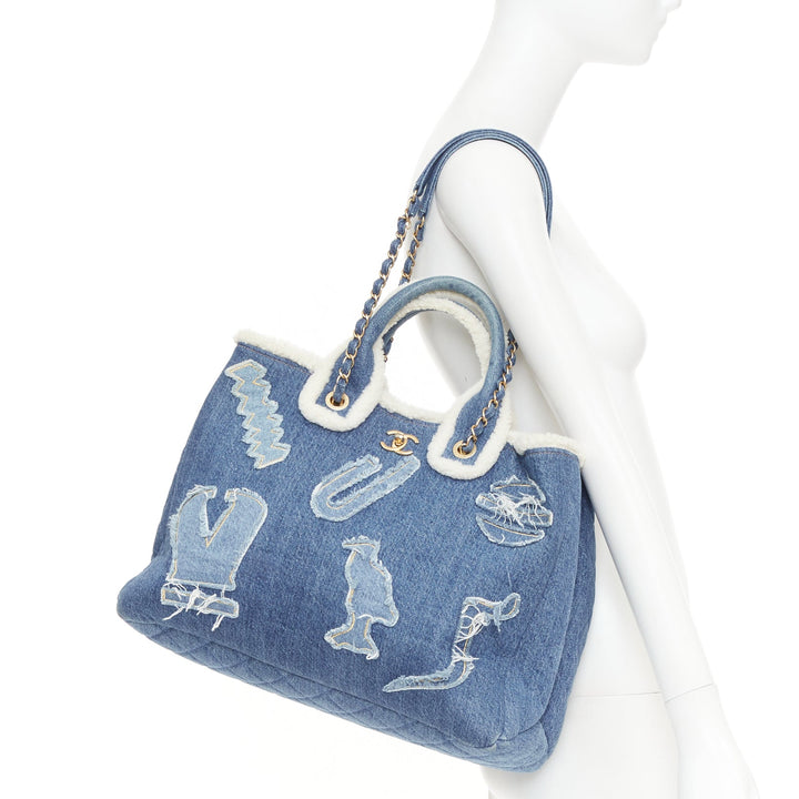 CHANEL 2019 Runway Paris-Egypt Deauville Hieroglyph Shopping Tote denim blue