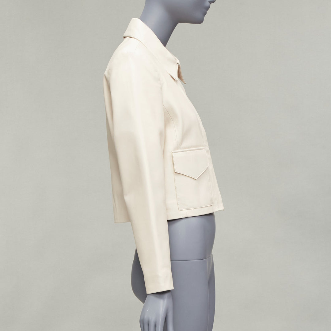 NOUR HAMMOUR cream lambskin minimal dual pocket cropped zip jacket IT36 XXS