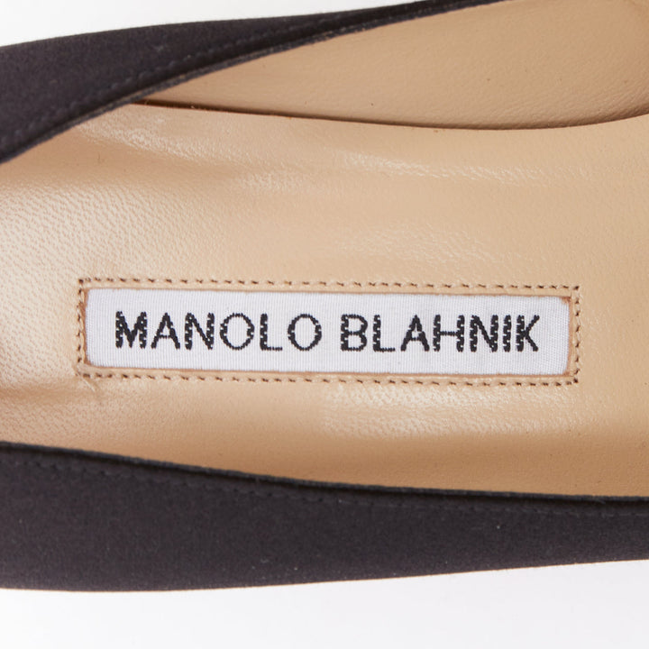 MANOLO BLAHNIK Hangisi black satin crystal brooch buckle heeled pumps EU38