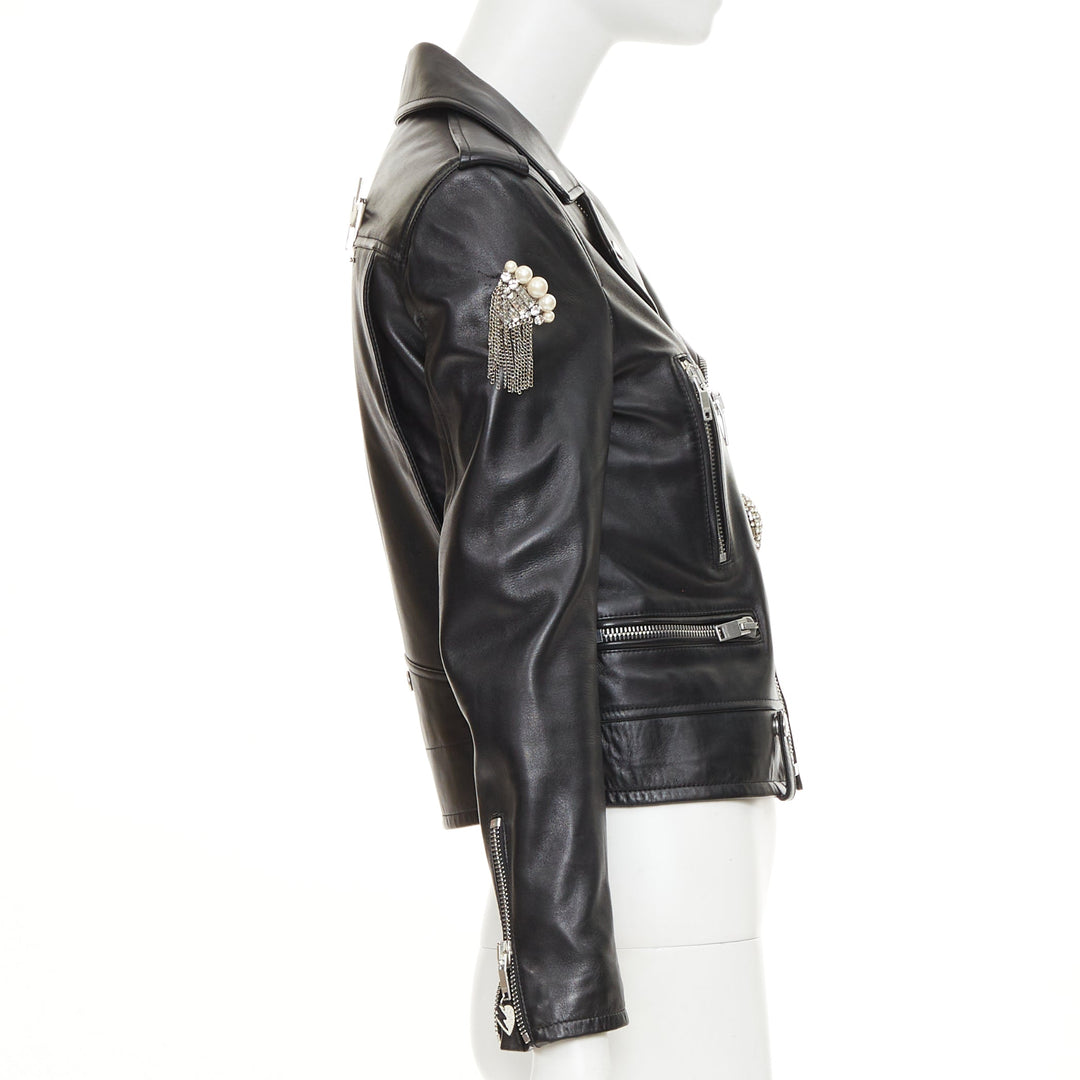 SAINT LAURENT 2017 Pearl Heart embellished black lambskin biker jacket S
