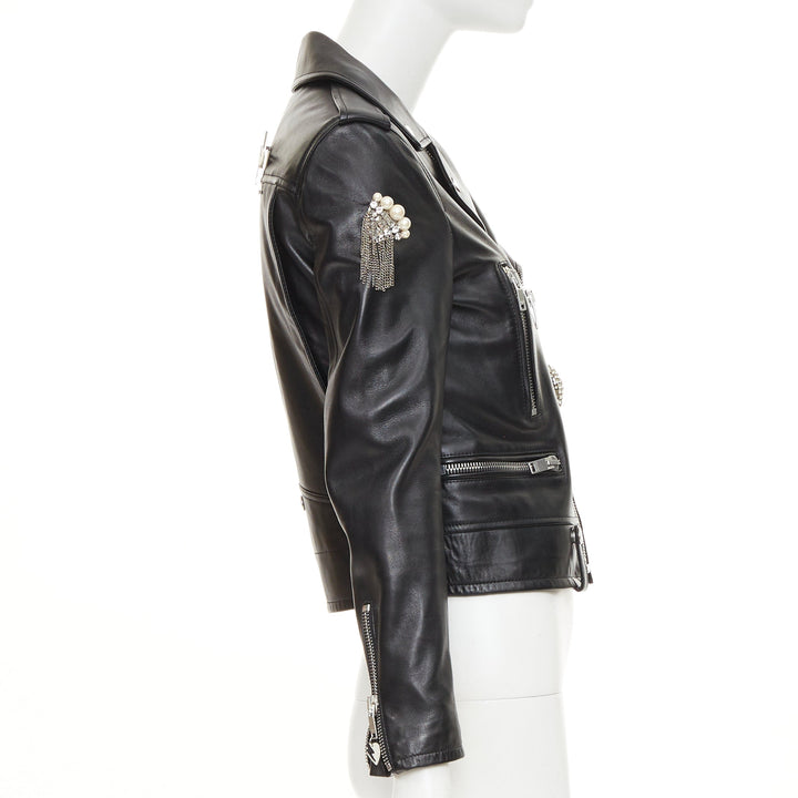 SAINT LAURENT 2017 Pearl Heart embellished black lambskin biker jacket S