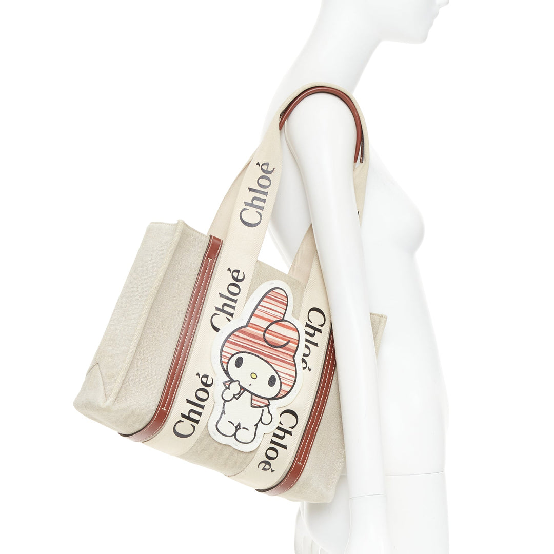 rare CHLOE My Melody Sanrio Woody beige canvas cream red leather patch tote bag