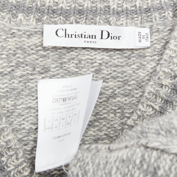 CHRISTIAN DIOR 100% cashmere light grey wool striped logo sweater FR34 XS