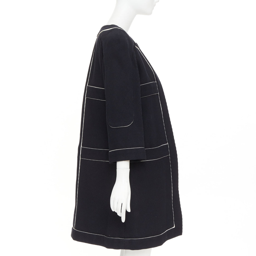 CHANEL 2015 Runway black cotton diagonal corded contrast satin piped coat FR36 S