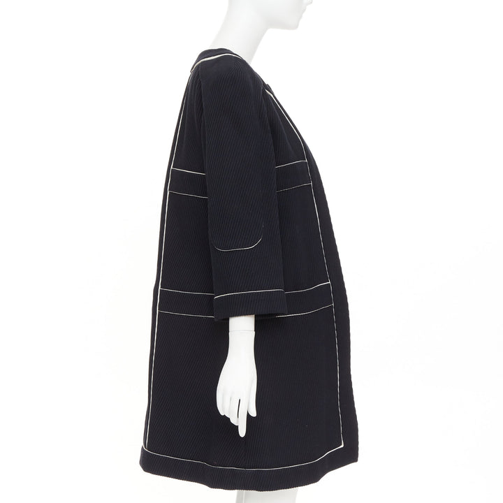 CHANEL 2015 Runway black cotton diagonal corded contrast satin piped coat FR36 S