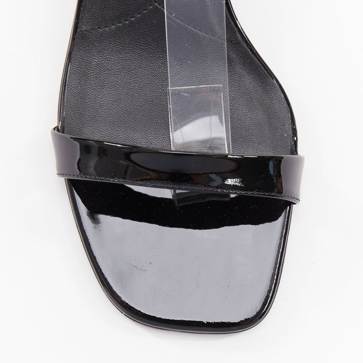 PRADA Vernice black patent leather white triangle logo kitten heel sandals EU39