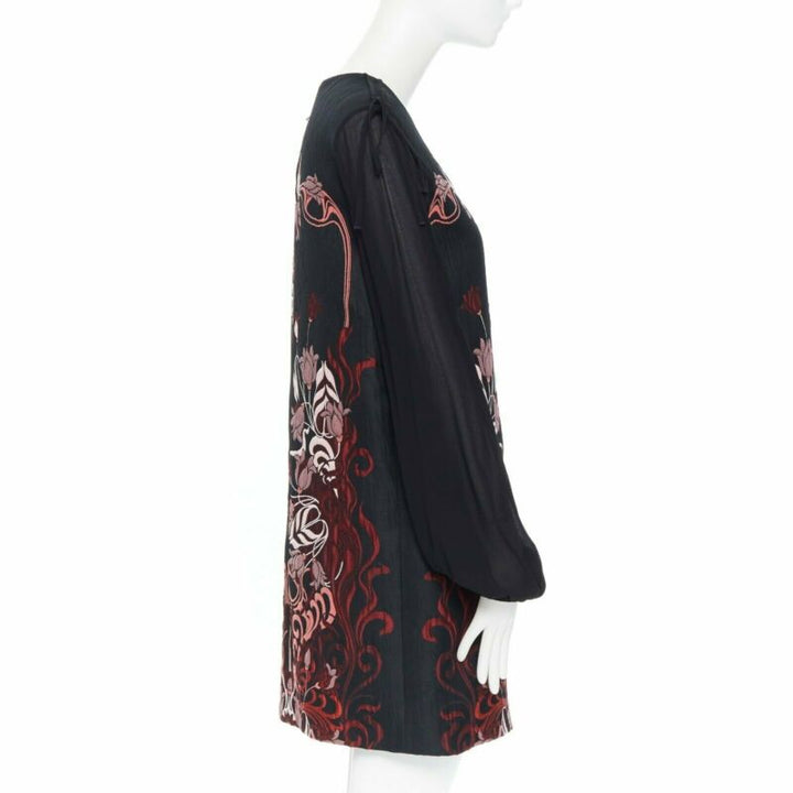 GIAMBA GIAMBATTISTA VALLI black red floral loque semi sheer sleeves dress XXS