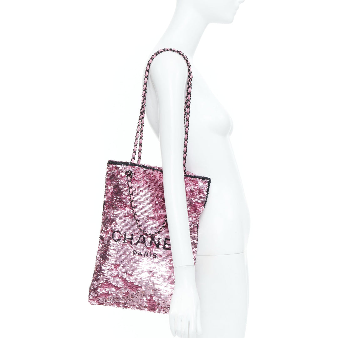 CHANEL 2024 Runway pink sequin leather block logo chain vertical shopping bag
