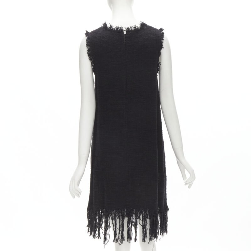 MSGM tweed ethnic bird embroidery fringe hem little black dress IT40 S