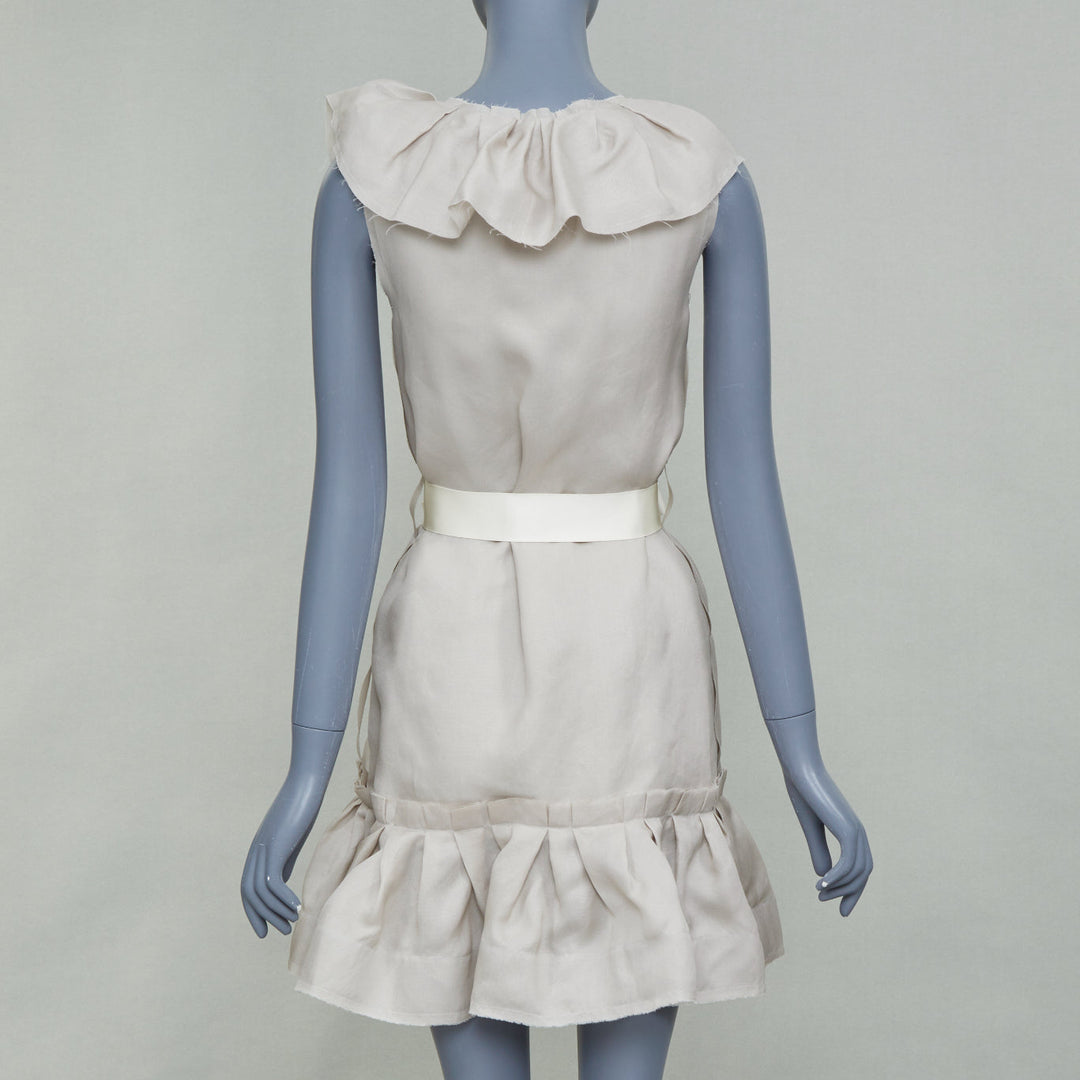 LANVIN 2008 light grey ruffle silk sleeveless bow belted mini dress FR34 XS