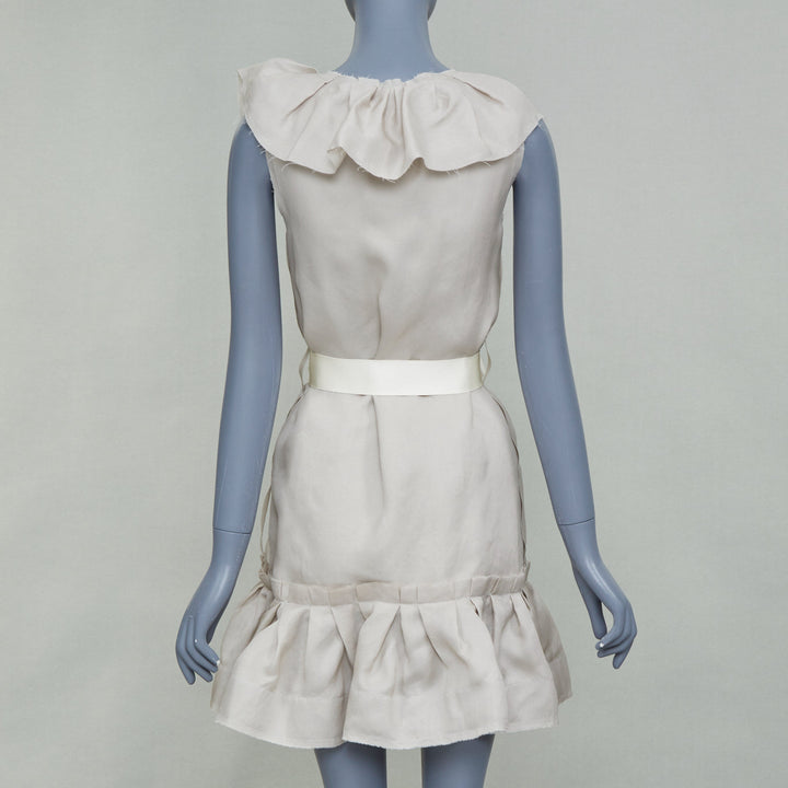 LANVIN 2008 light grey ruffle silk sleeveless bow belted mini dress FR34 XS