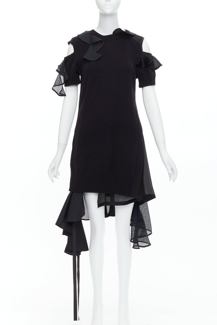 SACAI 2018 black cotton blend asymmetric ruffle hi low knitted dress JP1 S