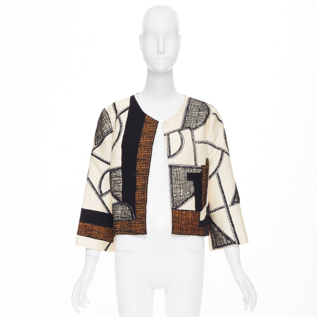 OSCAR DE LA RENTA 2012 beige black abstract mesh overlay cropped jacket US12 2XL