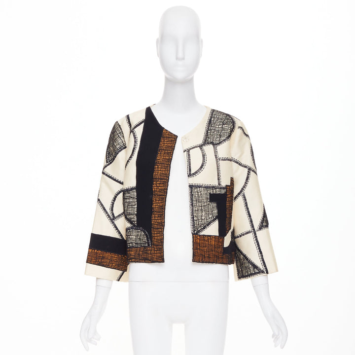 OSCAR DE LA RENTA 2012 beige black abstract mesh overlay cropped jacket US12 2XL