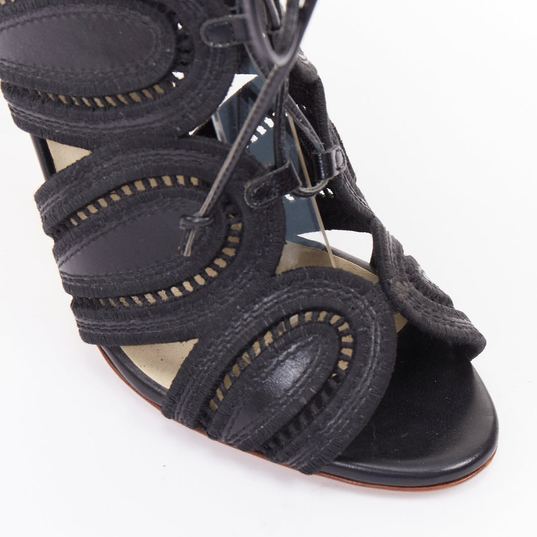 FRANCESCO RUSSO 2016 black leather Teardrop Cage topstitch lace up sandals EU35